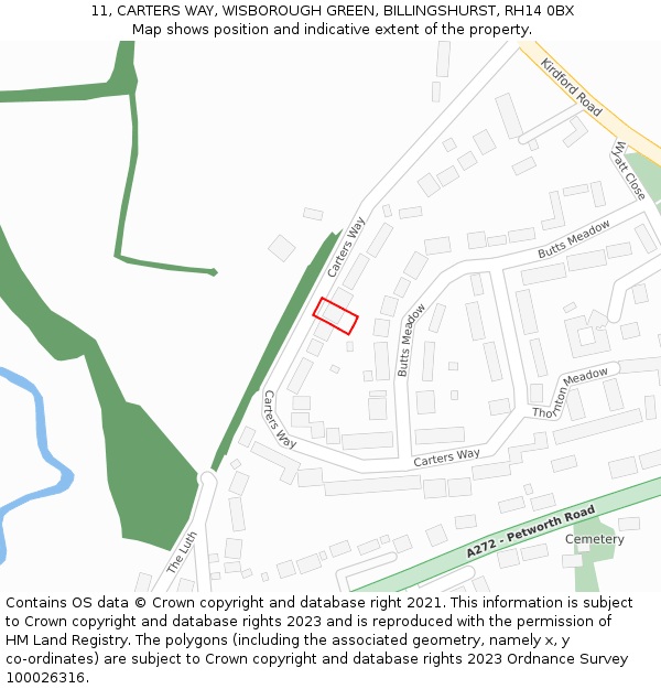 11, CARTERS WAY, WISBOROUGH GREEN, BILLINGSHURST, RH14 0BX: Location map and indicative extent of plot