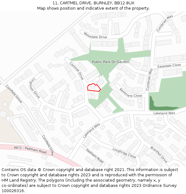 11, CARTMEL DRIVE, BURNLEY, BB12 8UX: Location map and indicative extent of plot