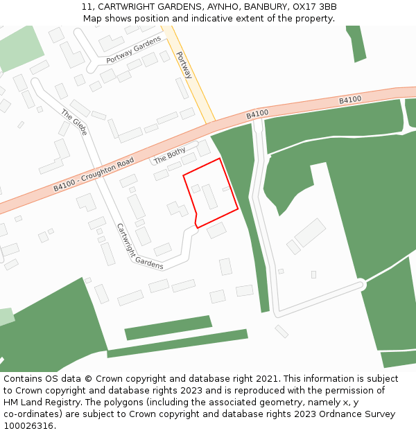 11, CARTWRIGHT GARDENS, AYNHO, BANBURY, OX17 3BB: Location map and indicative extent of plot