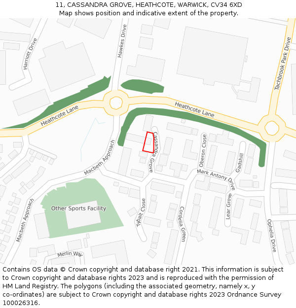 11, CASSANDRA GROVE, HEATHCOTE, WARWICK, CV34 6XD: Location map and indicative extent of plot