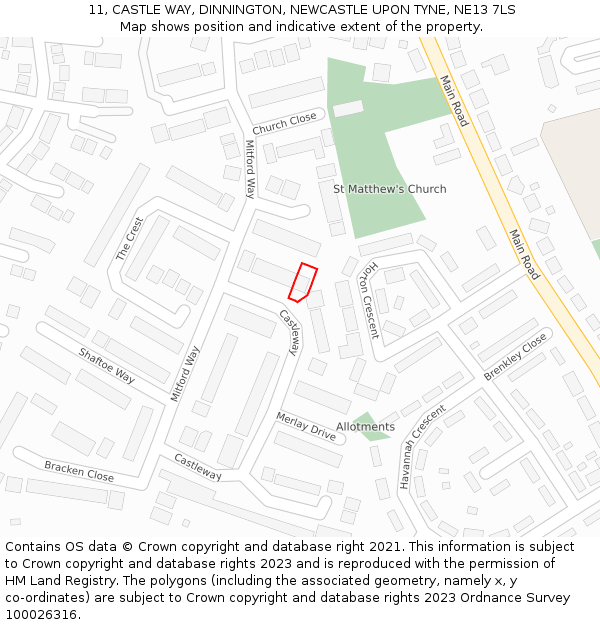 11, CASTLE WAY, DINNINGTON, NEWCASTLE UPON TYNE, NE13 7LS: Location map and indicative extent of plot