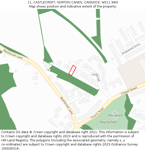 11, CASTLECROFT, NORTON CANES, CANNOCK, WS11 9WS: Location map and indicative extent of plot