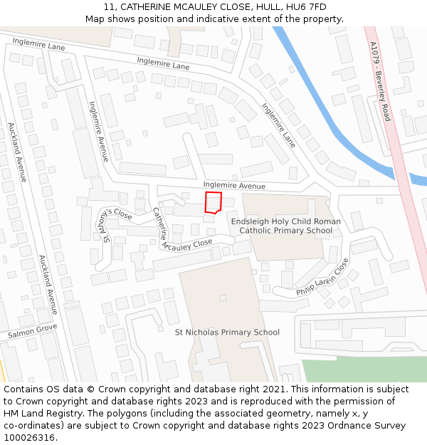 11, CATHERINE MCAULEY CLOSE, HULL, HU6 7FD: Location map and indicative extent of plot