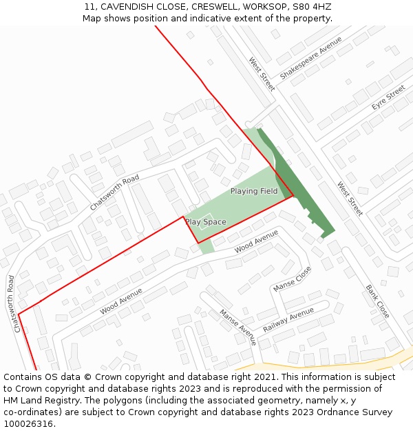 11, CAVENDISH CLOSE, CRESWELL, WORKSOP, S80 4HZ: Location map and indicative extent of plot