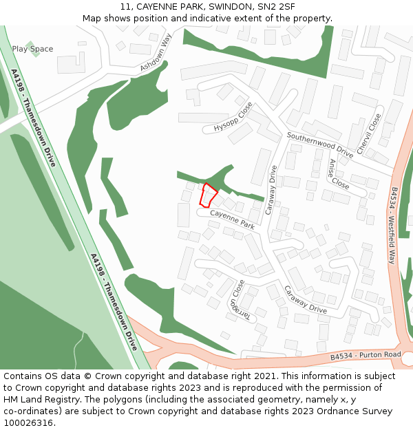 11, CAYENNE PARK, SWINDON, SN2 2SF: Location map and indicative extent of plot