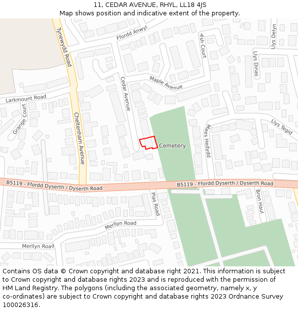 11, CEDAR AVENUE, RHYL, LL18 4JS: Location map and indicative extent of plot