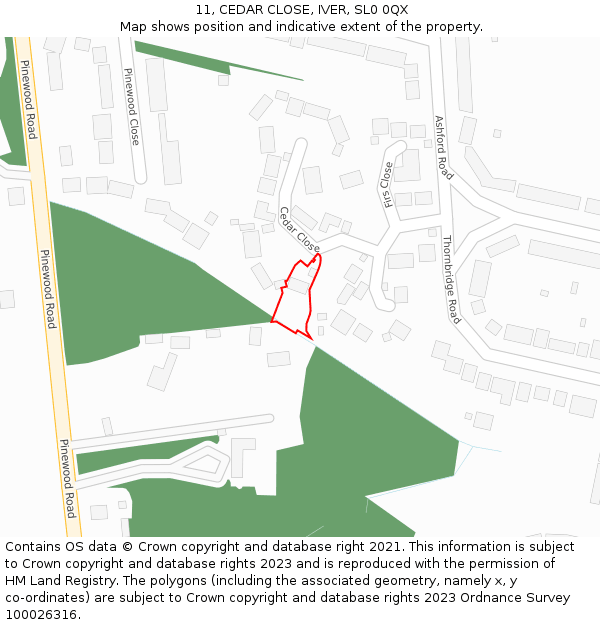 11, CEDAR CLOSE, IVER, SL0 0QX: Location map and indicative extent of plot