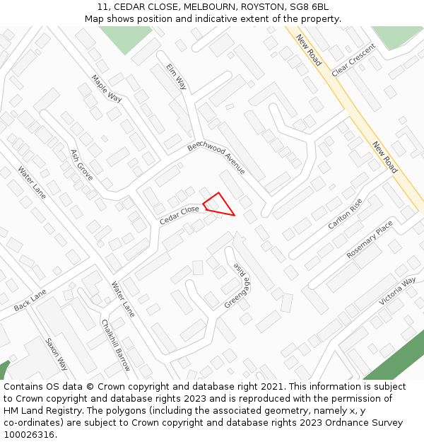 11, CEDAR CLOSE, MELBOURN, ROYSTON, SG8 6BL: Location map and indicative extent of plot