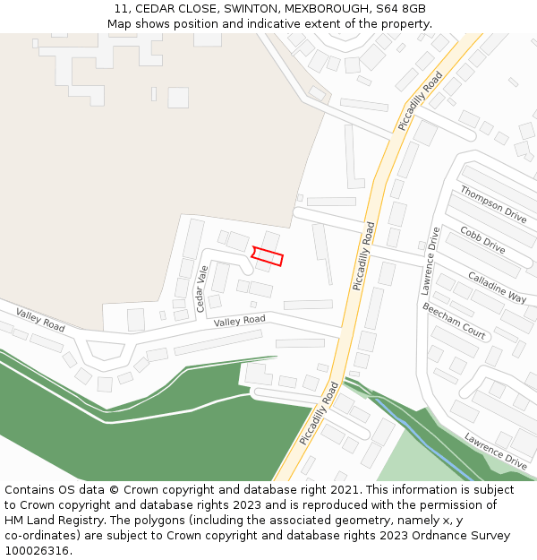 11, CEDAR CLOSE, SWINTON, MEXBOROUGH, S64 8GB: Location map and indicative extent of plot