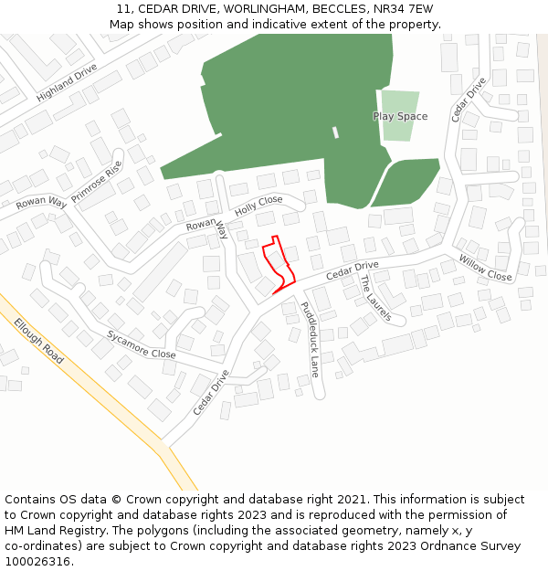 11, CEDAR DRIVE, WORLINGHAM, BECCLES, NR34 7EW: Location map and indicative extent of plot