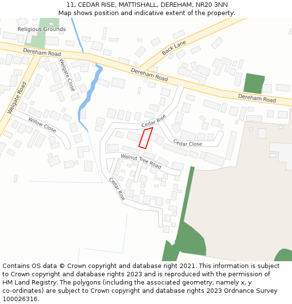 11, CEDAR RISE, MATTISHALL, DEREHAM, NR20 3NN: Location map and indicative extent of plot