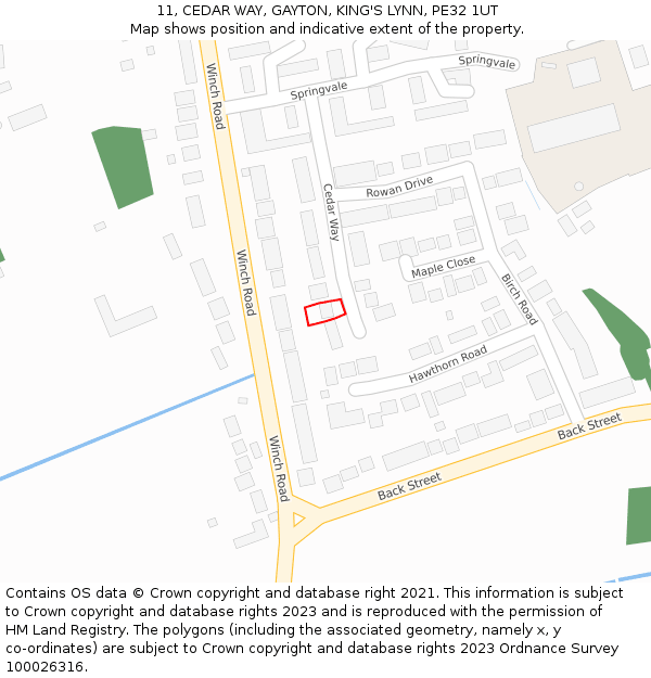 11, CEDAR WAY, GAYTON, KING'S LYNN, PE32 1UT: Location map and indicative extent of plot