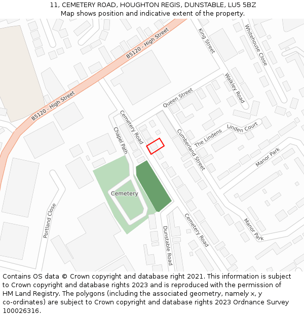 11, CEMETERY ROAD, HOUGHTON REGIS, DUNSTABLE, LU5 5BZ: Location map and indicative extent of plot