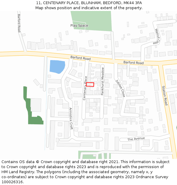 11, CENTENARY PLACE, BLUNHAM, BEDFORD, MK44 3FA: Location map and indicative extent of plot