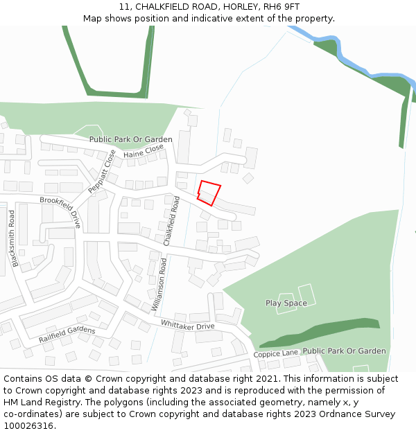 11, CHALKFIELD ROAD, HORLEY, RH6 9FT: Location map and indicative extent of plot