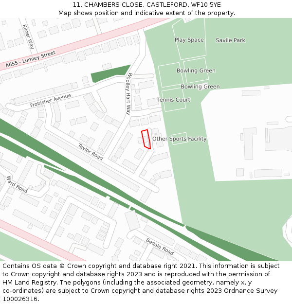 11, CHAMBERS CLOSE, CASTLEFORD, WF10 5YE: Location map and indicative extent of plot