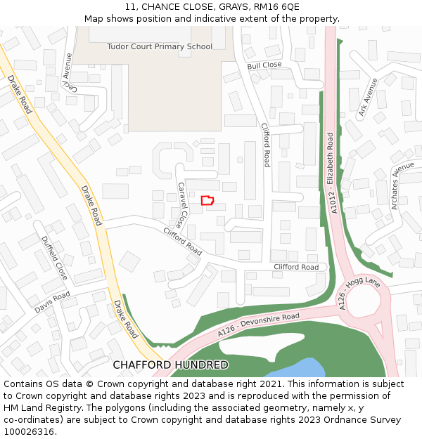 11, CHANCE CLOSE, GRAYS, RM16 6QE: Location map and indicative extent of plot