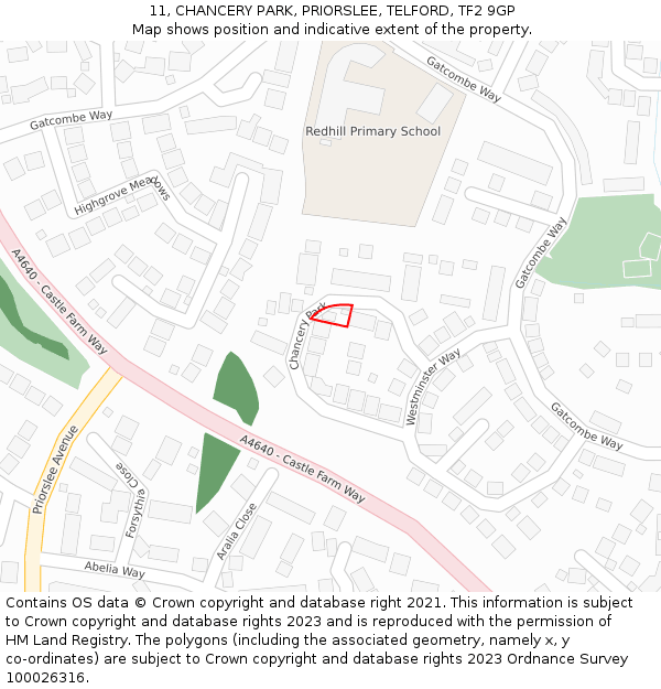 11, CHANCERY PARK, PRIORSLEE, TELFORD, TF2 9GP: Location map and indicative extent of plot