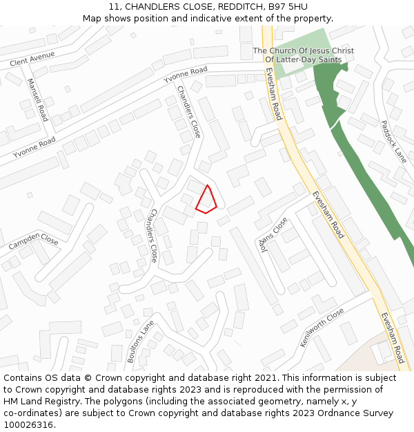 11, CHANDLERS CLOSE, REDDITCH, B97 5HU: Location map and indicative extent of plot