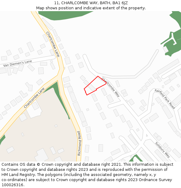 11, CHARLCOMBE WAY, BATH, BA1 6JZ: Location map and indicative extent of plot