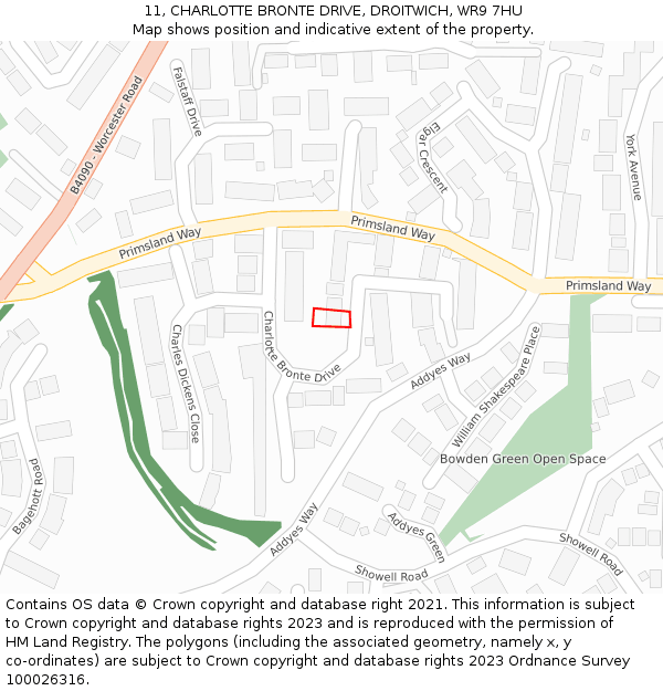 11, CHARLOTTE BRONTE DRIVE, DROITWICH, WR9 7HU: Location map and indicative extent of plot