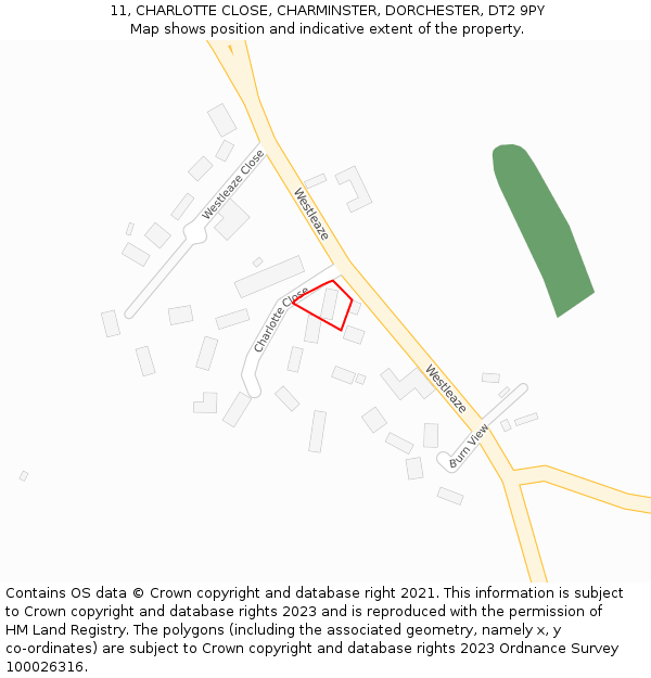 11, CHARLOTTE CLOSE, CHARMINSTER, DORCHESTER, DT2 9PY: Location map and indicative extent of plot
