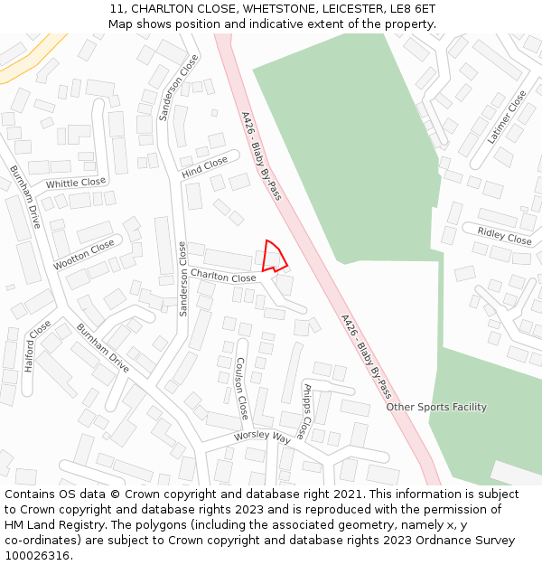 11, CHARLTON CLOSE, WHETSTONE, LEICESTER, LE8 6ET: Location map and indicative extent of plot