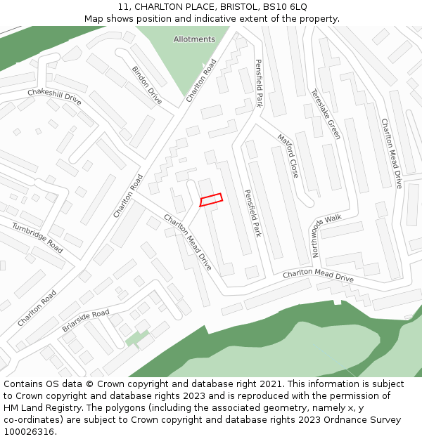 11, CHARLTON PLACE, BRISTOL, BS10 6LQ: Location map and indicative extent of plot