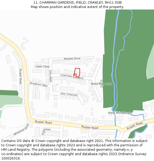 11, CHARMAN GARDENS, IFIELD, CRAWLEY, RH11 0GB: Location map and indicative extent of plot