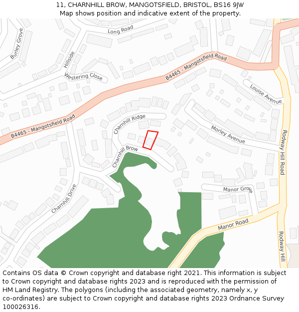 11, CHARNHILL BROW, MANGOTSFIELD, BRISTOL, BS16 9JW: Location map and indicative extent of plot