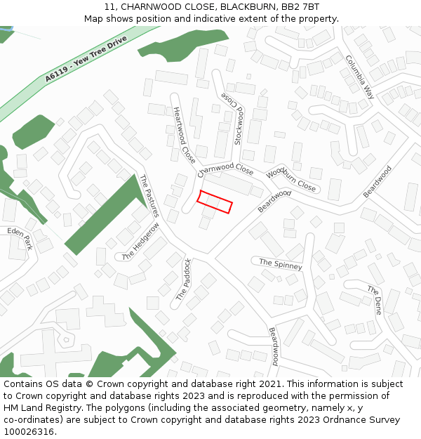 11, CHARNWOOD CLOSE, BLACKBURN, BB2 7BT: Location map and indicative extent of plot