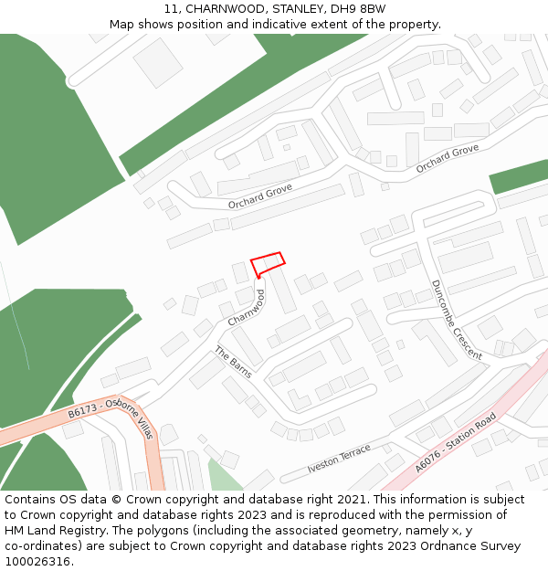 11, CHARNWOOD, STANLEY, DH9 8BW: Location map and indicative extent of plot