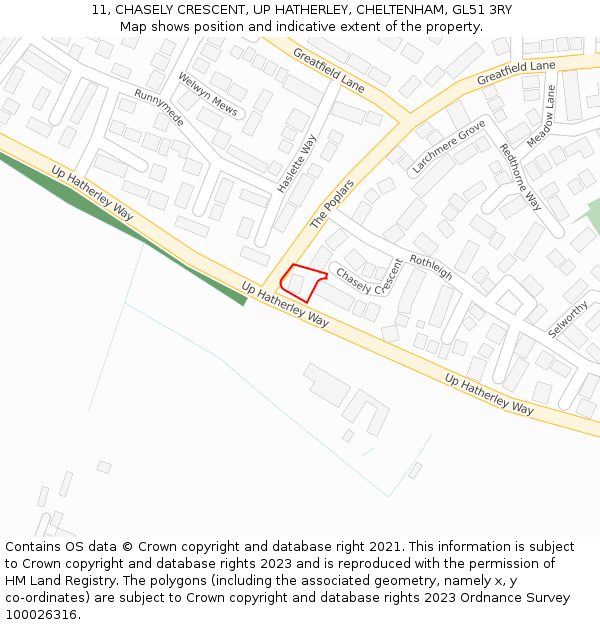 11, CHASELY CRESCENT, UP HATHERLEY, CHELTENHAM, GL51 3RY: Location map and indicative extent of plot