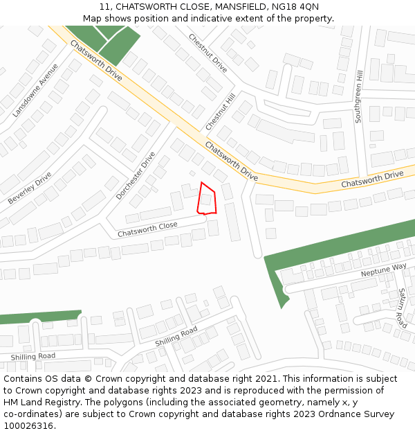11, CHATSWORTH CLOSE, MANSFIELD, NG18 4QN: Location map and indicative extent of plot