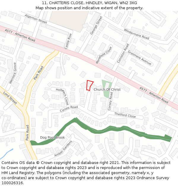 11, CHATTERIS CLOSE, HINDLEY, WIGAN, WN2 3XG: Location map and indicative extent of plot