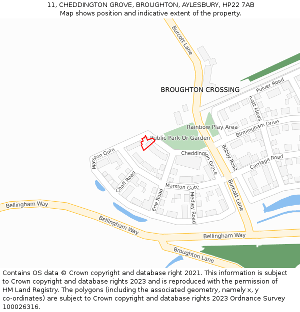 11, CHEDDINGTON GROVE, BROUGHTON, AYLESBURY, HP22 7AB: Location map and indicative extent of plot