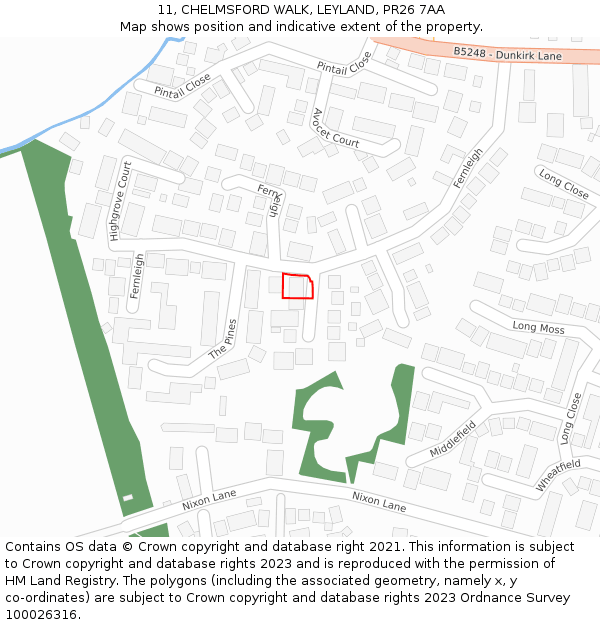 11, CHELMSFORD WALK, LEYLAND, PR26 7AA: Location map and indicative extent of plot