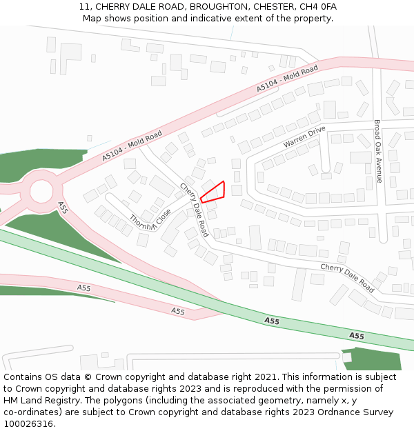 11, CHERRY DALE ROAD, BROUGHTON, CHESTER, CH4 0FA: Location map and indicative extent of plot