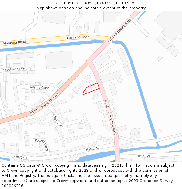 11, CHERRY HOLT ROAD, BOURNE, PE10 9LA: Location map and indicative extent of plot