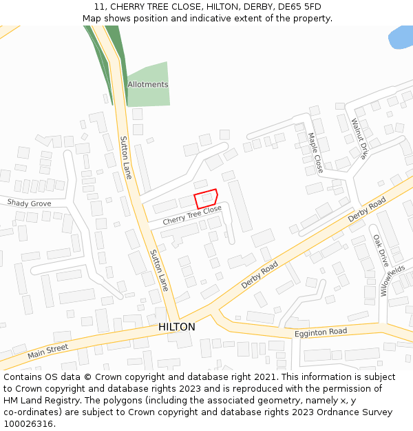 11, CHERRY TREE CLOSE, HILTON, DERBY, DE65 5FD: Location map and indicative extent of plot