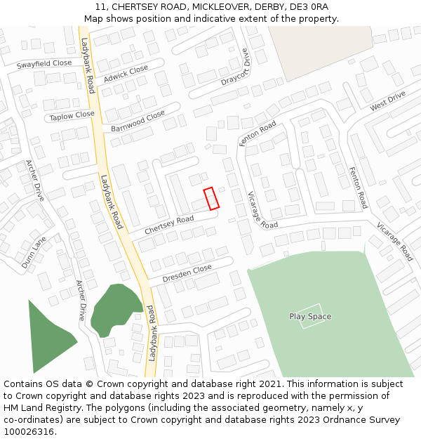 11, CHERTSEY ROAD, MICKLEOVER, DERBY, DE3 0RA: Location map and indicative extent of plot