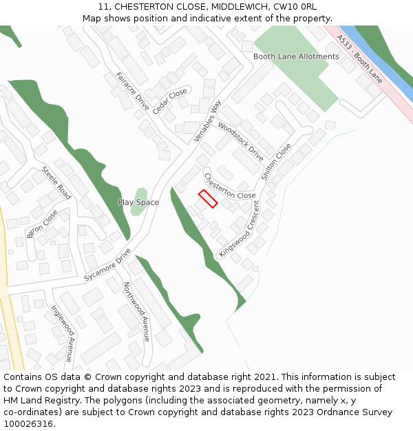 11, CHESTERTON CLOSE, MIDDLEWICH, CW10 0RL: Location map and indicative extent of plot