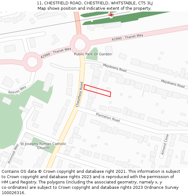 11, CHESTFIELD ROAD, CHESTFIELD, WHITSTABLE, CT5 3LJ: Location map and indicative extent of plot