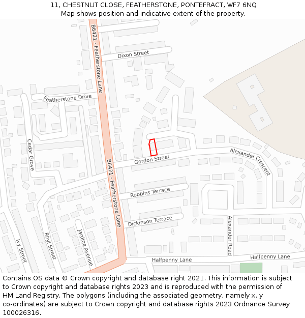 11, CHESTNUT CLOSE, FEATHERSTONE, PONTEFRACT, WF7 6NQ: Location map and indicative extent of plot