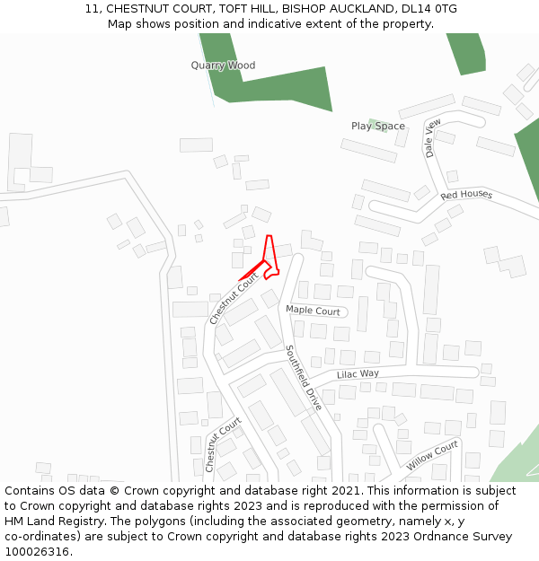 11, CHESTNUT COURT, TOFT HILL, BISHOP AUCKLAND, DL14 0TG: Location map and indicative extent of plot