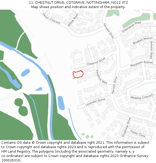 11, CHESTNUT DRIVE, COTGRAVE, NOTTINGHAM, NG12 3TZ: Location map and indicative extent of plot