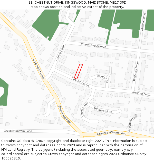 11, CHESTNUT DRIVE, KINGSWOOD, MAIDSTONE, ME17 3PD: Location map and indicative extent of plot