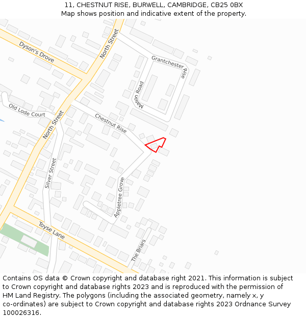 11, CHESTNUT RISE, BURWELL, CAMBRIDGE, CB25 0BX: Location map and indicative extent of plot