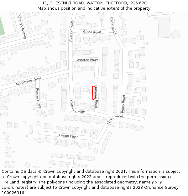 11, CHESTNUT ROAD, WATTON, THETFORD, IP25 6PG: Location map and indicative extent of plot