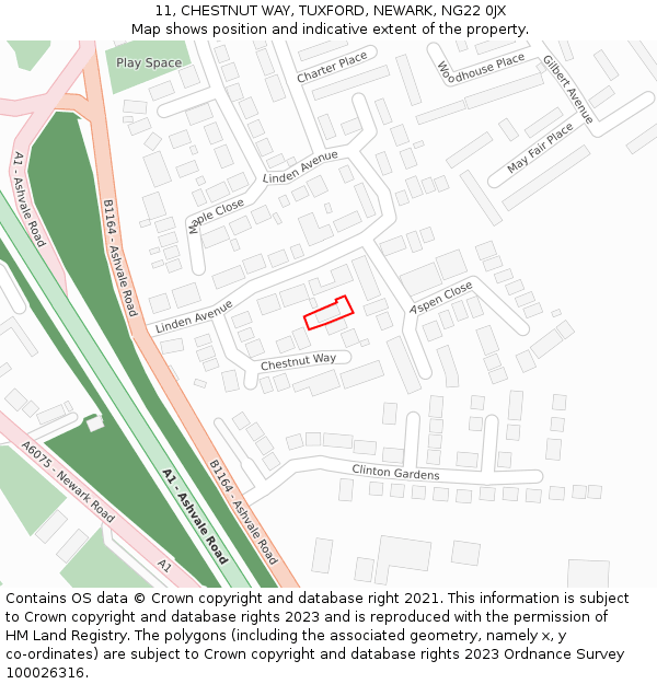 11, CHESTNUT WAY, TUXFORD, NEWARK, NG22 0JX: Location map and indicative extent of plot
